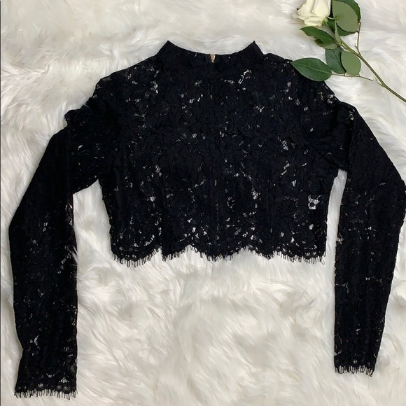 Windsor Tops - Mock Turtle Neck Long Sleeved Lace Crop Blouse